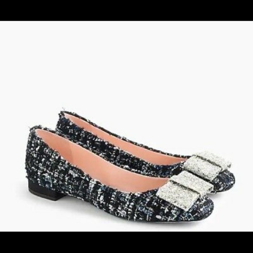 J. Crew Poppy ballet flats in tweed w/ glitter bow